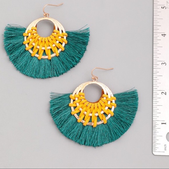 NEW! Emerald Mustard Hoop Tassel Hoop Earrings - Picture 3 of 11